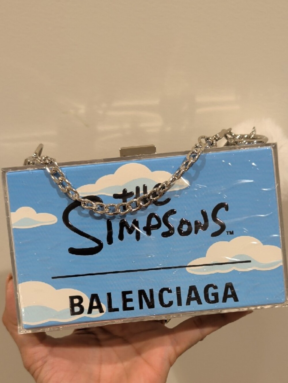 Upcycled Balenciaga X Simpsons Box Clutch with White Pom